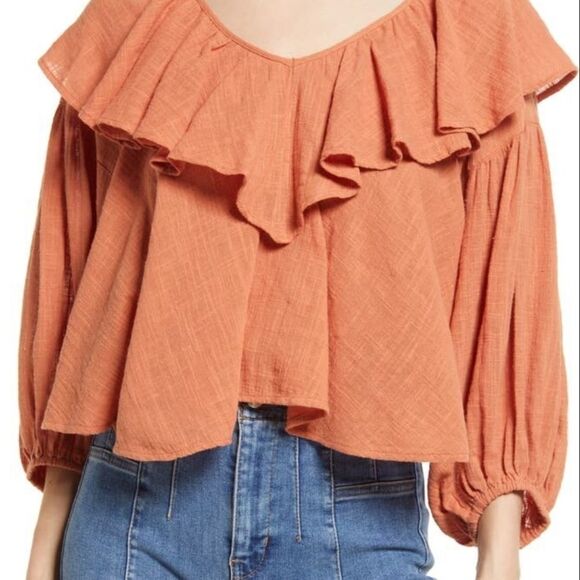 Free People Orange Ruffled Bib Collar Crop Blouse Women XS Bohemian Puffy Sleeve - Picture 1 of 8